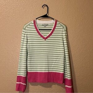 Tommy Hilfiger Green and Pink Striped V-Neck Sweater